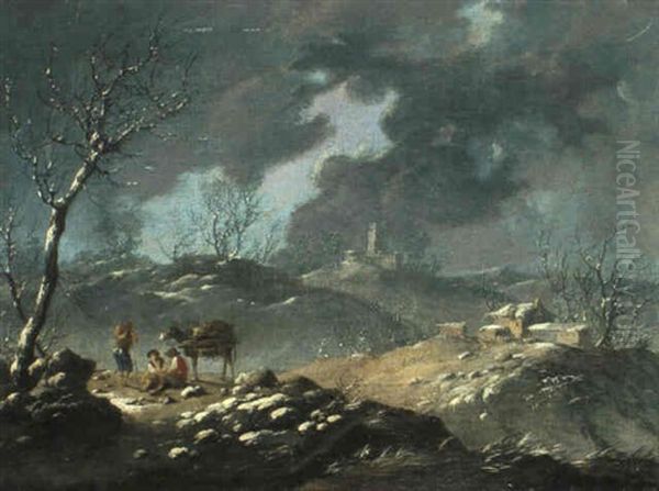 Hirten In Einer Winterlichen Landschaft Oil Painting by Jean-Baptiste Pillement