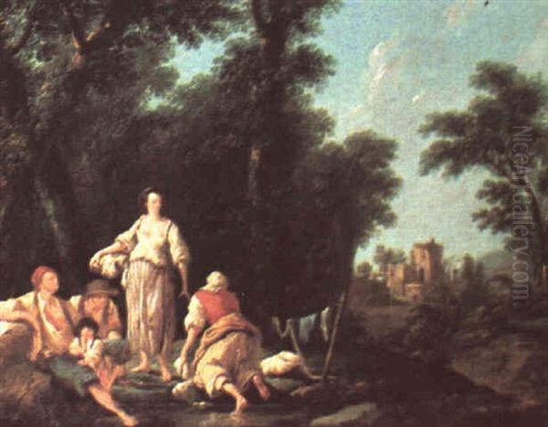 Gypsy Family Laundering In A Stream Amid A Landscape With   Ruin Oil Painting by Jean-Baptiste Pillement