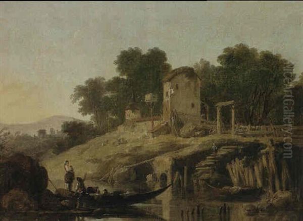A River Landscape With Figures And A Ferry Boat Near Farm   Buildings Oil Painting by Jean-Baptiste Pillement