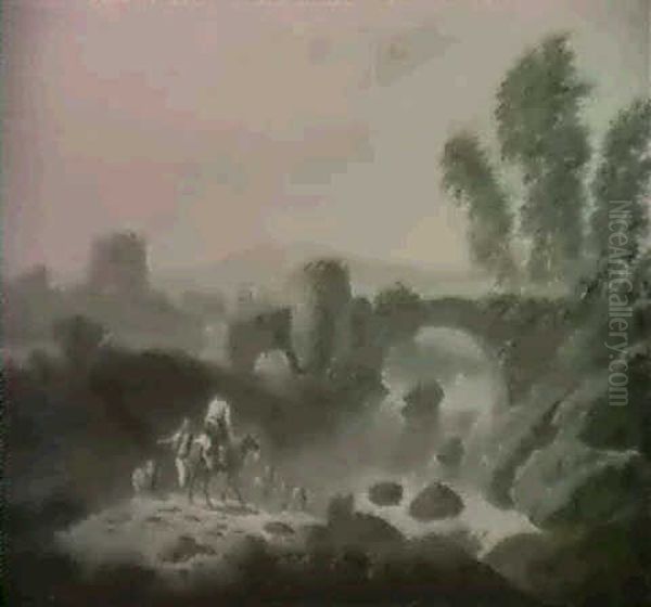 Paysage Anime Avec Pont Fortifie Enjambant Une Riviere Oil Painting by Jean-Baptiste Pillement