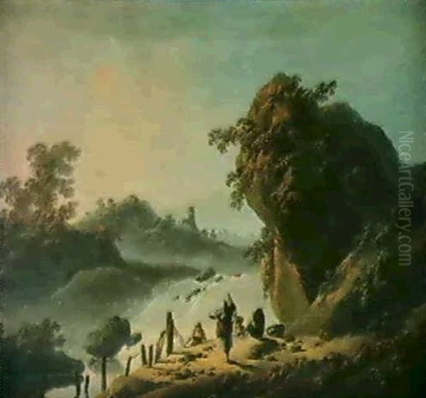 Lavandieres Dans Un Paysage De Cascades Au Portugal;        Bord De Mer Au Portugal Au Coucher Du Soleil Oil Painting by Jean-Baptiste Pillement