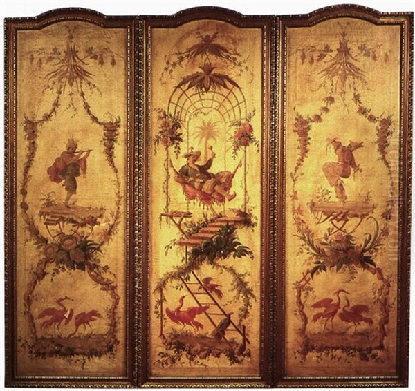Chinese Musicians In Stylized Gardens With Birds And Flowersa Set Of Three Chinoiserie Paintings Mounted As A Screen Oil Painting by Jean-Baptiste Pillement
