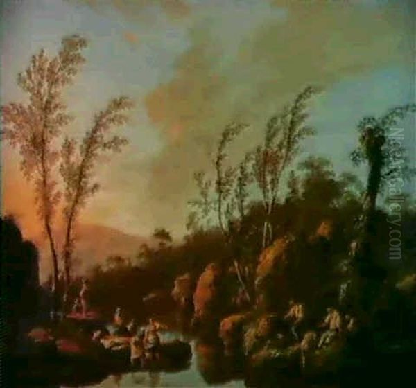 Pecheurs Et Lavandieres Dans Un                             Paysage Oil Painting by Jean-Baptiste Pillement