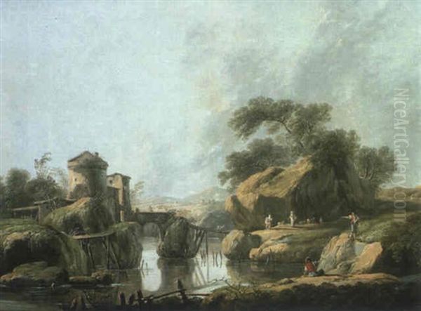 Paysage De Riviere Au Portugal Avec Des Bergers Oil Painting by Jean-Baptiste Pillement