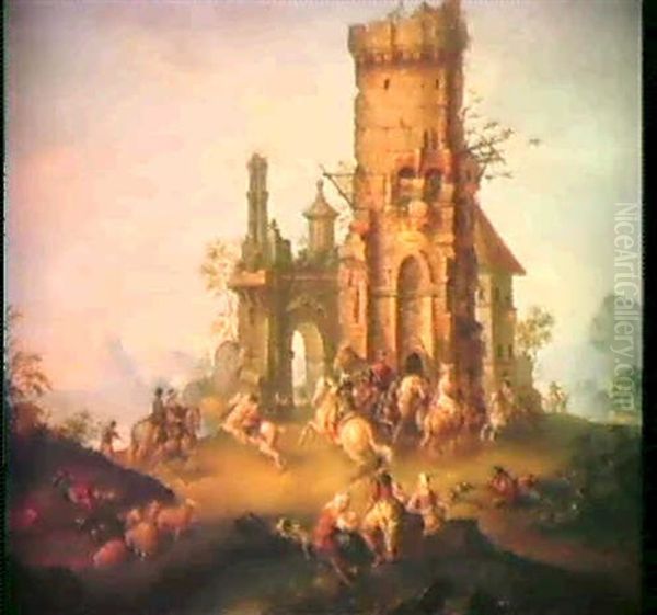 Reiter Vor Einer Schlossruine Oil Painting by Jean-Baptiste Pillement