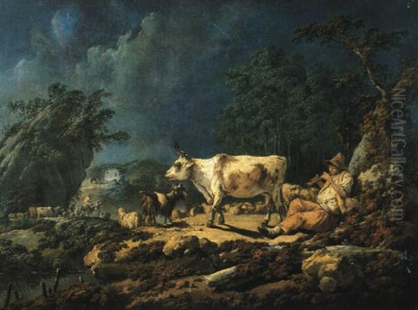 Shepherd Boy Playing A Pipe In A Landscape By A Pool Oil Painting by Jean-Baptiste Pillement
