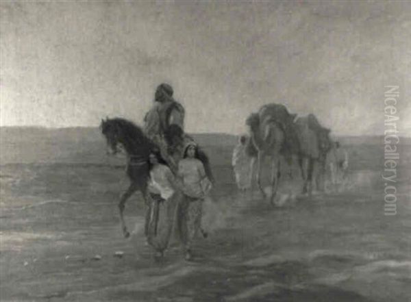 Sklavenh,ndler In Abendlicher W_stenlandschaft Oil Painting by Otto Pilny