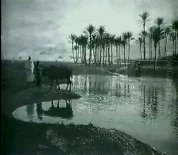 Bonheur Du Crepuscule A L'oasis Au Pied Des Pyramides Oil Painting by Otto Pilny