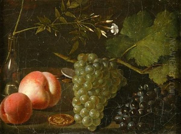 Still Life With Peaches, Grapes, Glass Vase And A Louis D'or Oil Painting by E. Agathe Pilon