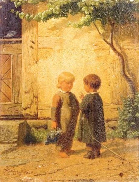 Zwei Kleinkinder Auf Einer Dorfstrase Oil Painting by Christian Eduard Boettcher