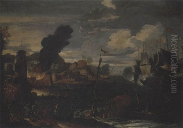 Battaglia In Un Porto Oil Painting by Giuseppe Pinacci