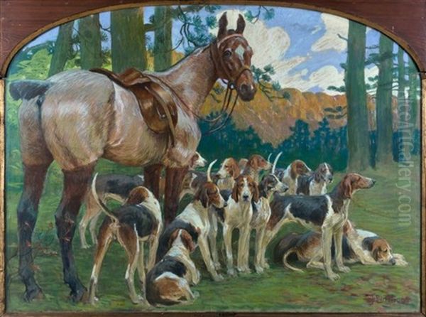 Meute De Francais Tricolores Au Pied D'un Grand Trotteur Bai Brun Dans Une Clairiere Oil Painting by Joseph Porphyre Pinchon