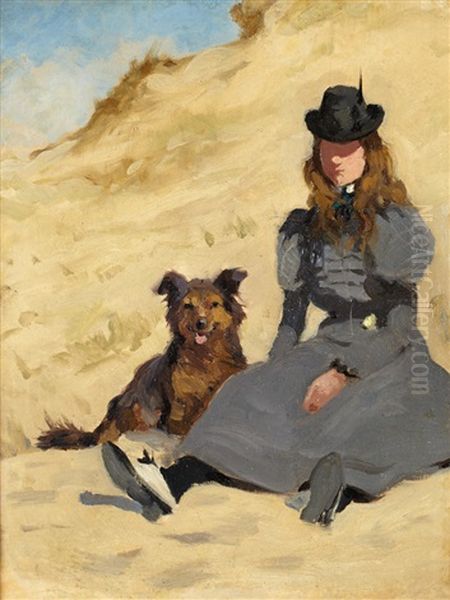 Jeune Fille Au Chien Sur La Dune Oil Painting by Joseph Porphyre Pinchon