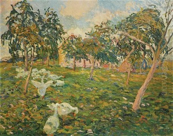 Geese In The Garden Oil Painting by Robert Antoine Pinchon