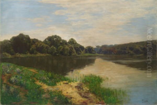 Tranquil Wooded River Landscape Oil Painting by Jose Pinelo Llull