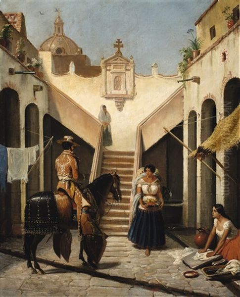 Chinaco E India En Patio Mexicano Oil Painting by Edouard Pingret
