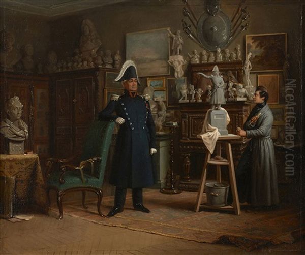 Le Marechal Lobau Posant Dans L'atelier De Jean-pierre Dantan Oil Painting by Edouard Pingret