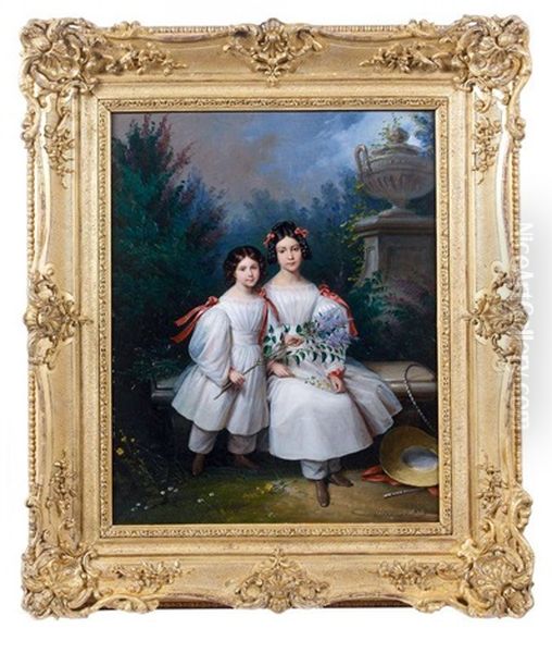 Portrait De Deux Soeurs Dans Un Jardin Oil Painting by Edouard Pingret