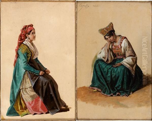 Jeune Fille Au Turban Rouge Et Jeune Fille Pensive (pair) Oil Painting by Edouard Pingret