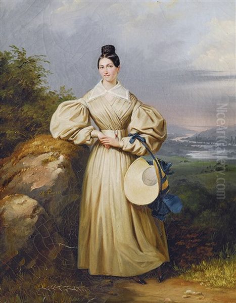 Young Woman In A Landscape Oil Painting by Edouard Pingret