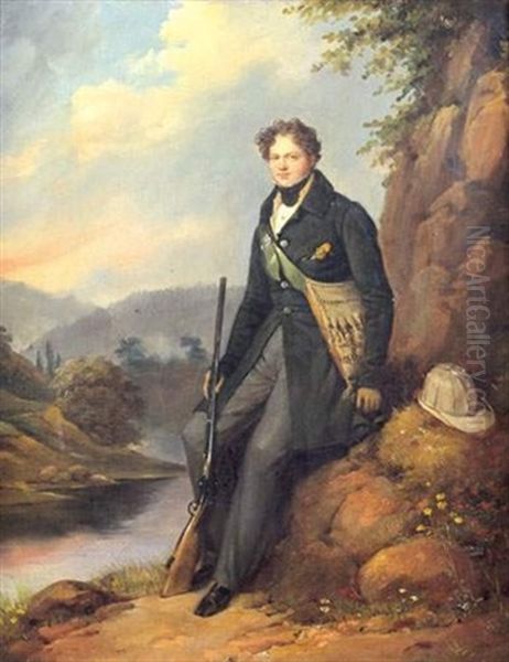 Chasseur Devant Un Paysage De Riviere Oil Painting by Edouard Pingret