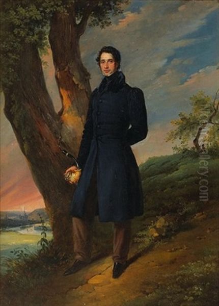 Portrait D'homme Tenant Une Pipe Sur Fond De Paysage Oil Painting by Edouard Pingret
