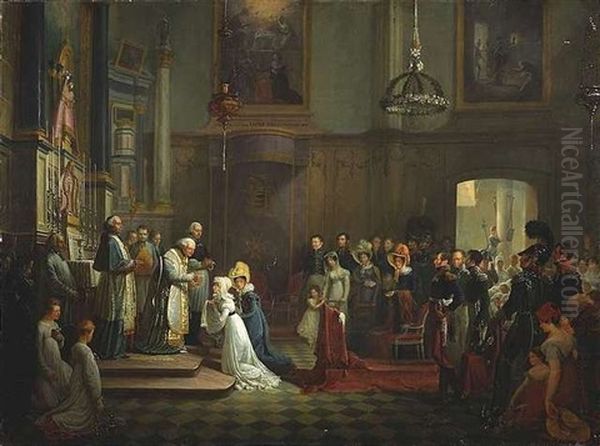 Kircheninterieur Mit Zahlreichen Festlich Gekleideten Gottesdienstbesuchern, Die Einer Kommunion Beiwohnen Oil Painting by Edouard Pingret