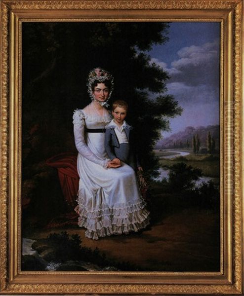 Mutter Und Sohn Beim Blumenpflucken Vor Tiefer Landschaft Oil Painting by Edouard Pingret