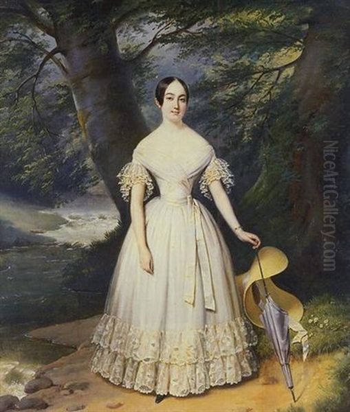 Portrait De Jeune Femme Dans Un Paysage De Riviere Oil Painting by Edouard Pingret