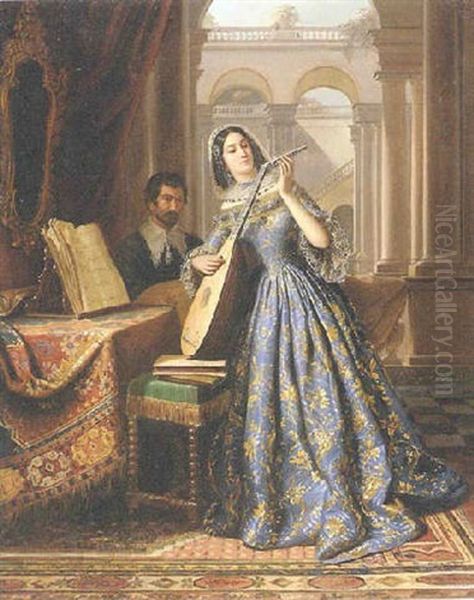 Joueuse De Luth Oil Painting by Edouard Pingret