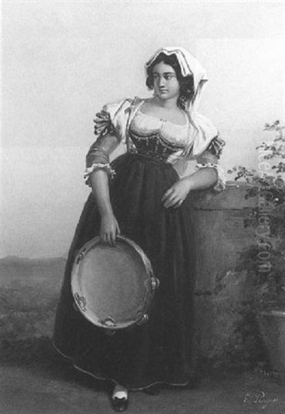 Napolitaine Au Tambourin Oil Painting by Edouard Pingret
