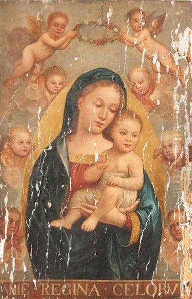 Maria Mit Dem Christusknaben, Engeln Und Cherubim (2 Parts On 1 Panel) Oil Painting by Bernardino di Betto (Pinturicchio)