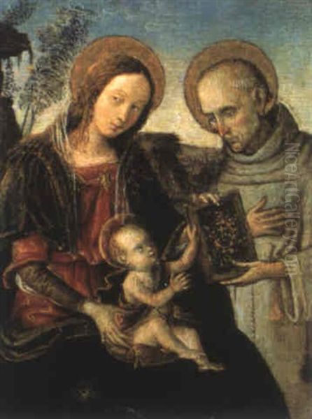La Madonna Con Bambino, Cui San Bernardino Offre Il Suo     Libro Oil Painting by Bernardino di Betto (Pinturicchio)