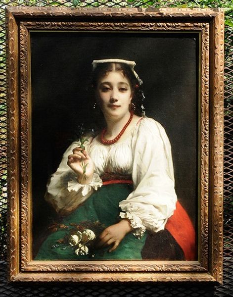 A Seated Italian Beauty Holding Flowers Oil Painting by Etienne Adolphe Piot