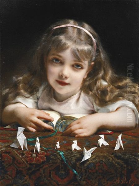 A Young Girl With Origami Birds Oil Painting by Etienne Adolphe Piot