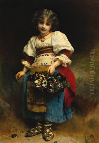 A Basket Of Flowers Oil Painting by Etienne Adolphe Piot