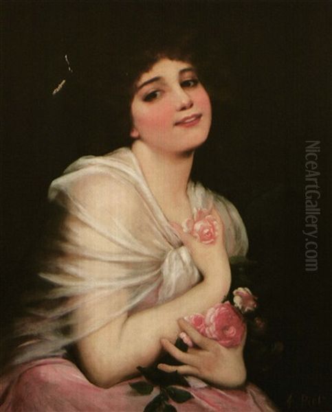 Beauty With Pink Roses Oil Painting by Etienne Adolphe Piot