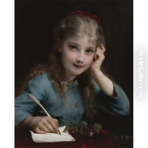 A Young Girl Writing A Letter Oil Painting by Etienne Adolphe Piot