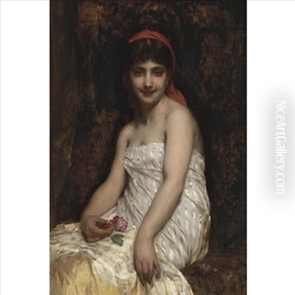 A Young Beauty With Roses Oil Painting by Etienne Adolphe Piot