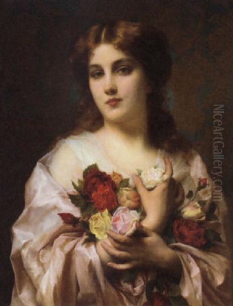 Portrait Of A Girl In A Pink Dress, Holding Some Roses Oil Painting by Etienne Adolphe Piot