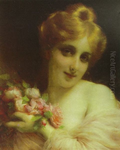 Portrait Of A Woman With Roses Oil Painting by Etienne Adolphe Piot