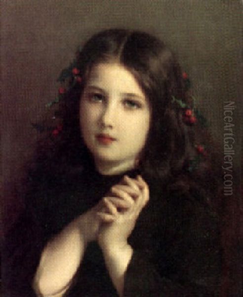 A Young Girl Adorned With Holly Oil Painting by Etienne Adolphe Piot