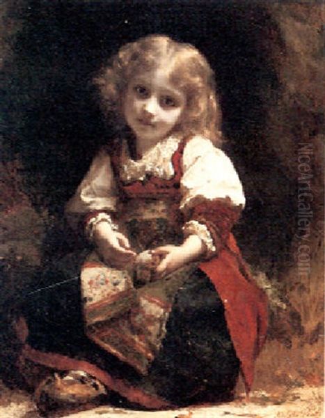 A Little Girl Holding A Bird Oil Painting by Etienne Adolphe Piot
