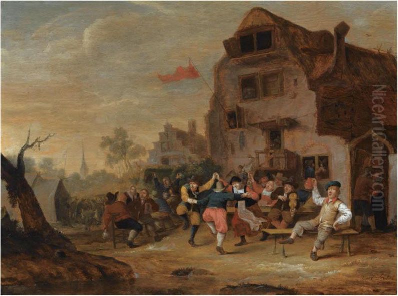 Peasants Dancing And Drinking Outside An Inn, A Church Towerbeyond Oil Painting by Hendrick Hendricksz. Bogaert