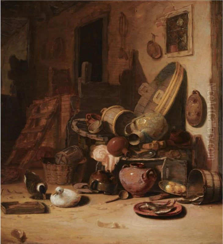 A Still Life Of Earthenware Pots, Barrels, Baskets, Jugs, Anearthenware Plate With Fish, Together With Ducks, In A Barn Oil Painting by Hendrick Hendricksz. Bogaert