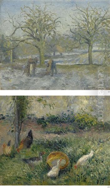 Payage D'hiver (i) & Basse-cour Avec Poules Et Canards (ii) (a Double-sided Work) Oil Painting by Camille Pissarro