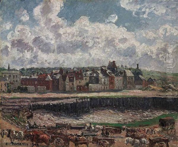 Chevaux Et Charrettes Devant La Darse De Peche, Dieppe, Maree Basse Oil Painting by Camille Pissarro