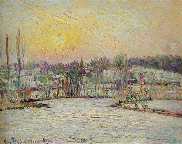 Bazincourt, Soleil Couchant, Effet De Neige Oil Painting by Camille Pissarro