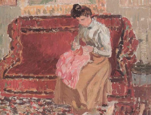 Jeune Fille Cousant Oil Painting by Camille Pissarro
