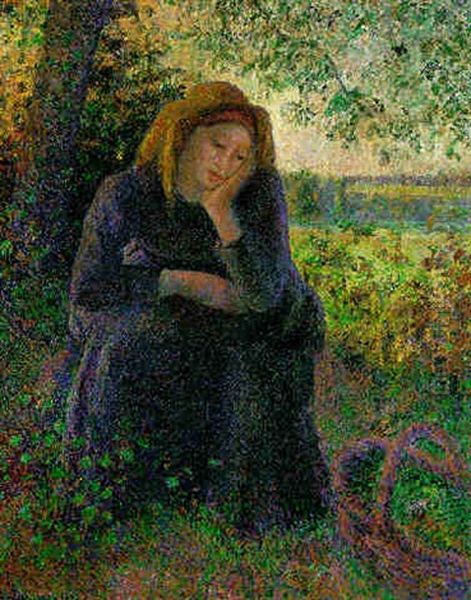 Paysanne Assise Soleil Couchant Oil Painting by Camille Pissarro